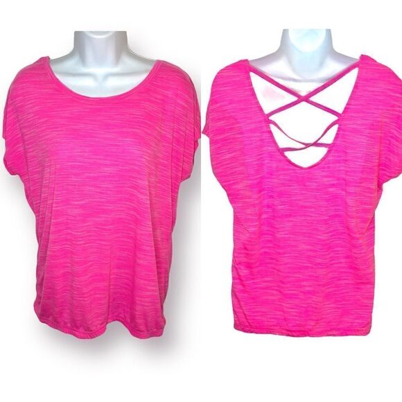 Tek Gear Athletic Short Sleeve Criss Cross Back Tee Workout Tshirt Hot Pink M - Picture 1 of 12